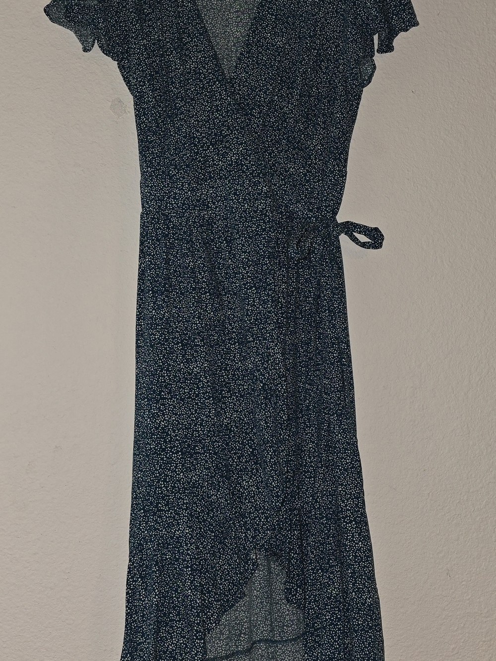 Dark Blue Midi Wrap Dress with Micro Floral Print